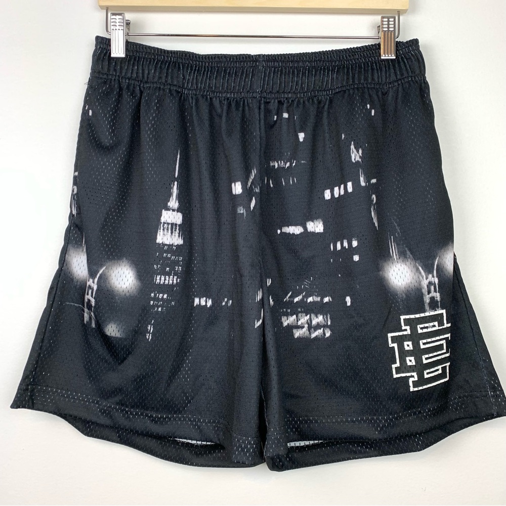 Eric Emanuel Shorts Skyline Night New York Sz Large Black Logo Mesh Pockets EE